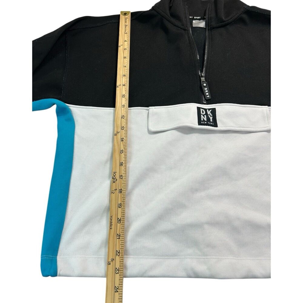 DKNY Sport XL Black White Blue Colorblock 1/4 Zip Crop Pullover Sweatshirt - Picture 3 of 9